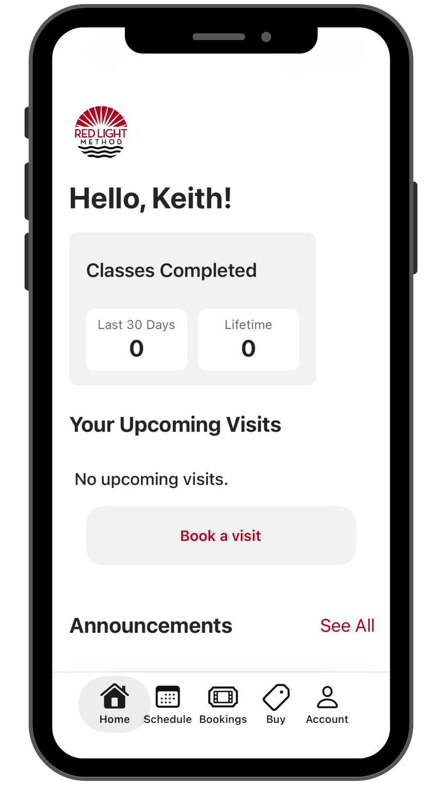 The Red Light Method app home screen showing classes completed, upcoming visits, and a book a visit button.